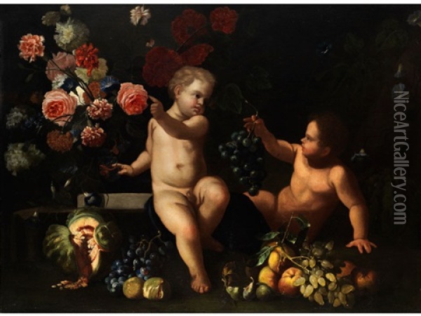 Blumen- Und Fruchtestilleben Mit Zwei Knablein Oil Painting - Guillaume Courtois