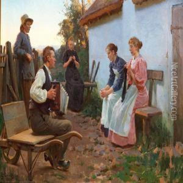 Summer Evening With Young People Listening To A Musician Playing The Accordion Oil Painting - Erik Henningsen