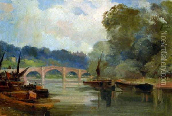 Landscape With Bridge And Moored Barges Oil Painting - Arthur Walker Redgate