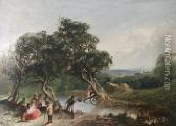 Landscape With Children Fishing Oil Painting - Henry Shirley