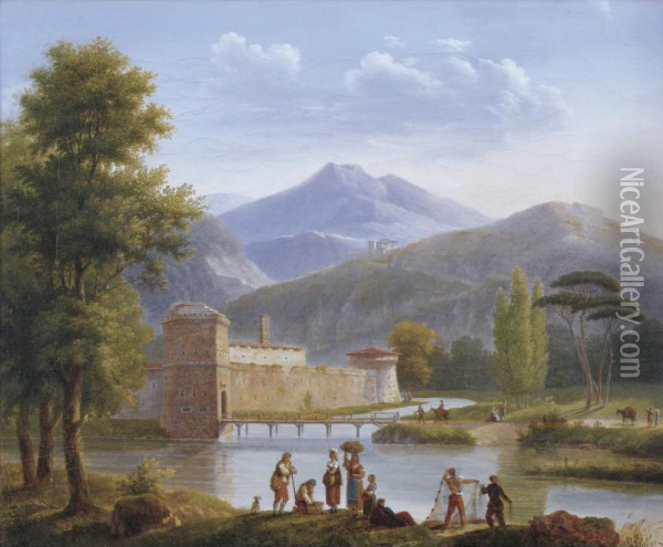 Landscape With Figures And A Castle Near A Lake Oil Painting - Andre Dutertre