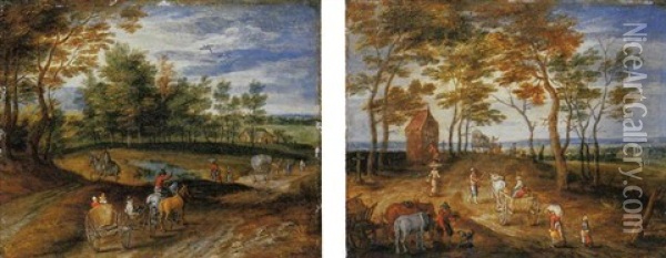 Rural Landscape With Peasants In A Horse-drawn Carriage On A Track Oil Painting - Jan Brueghel the Elder