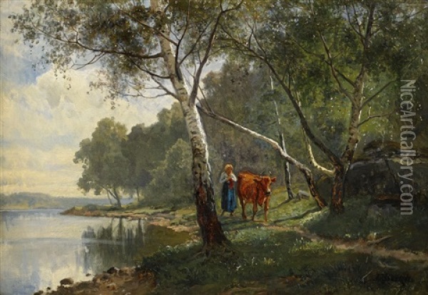 Landskap Med Bjorkskog Och Vallflicka Vid Sjo Oil Painting - Edward (Johan-Edvard) Bergh