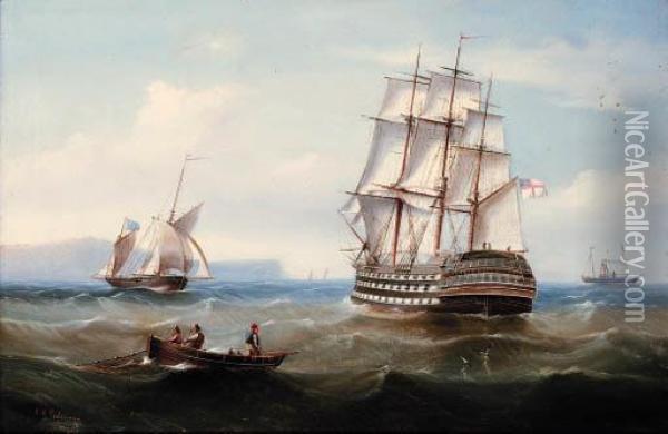 A Three-decker Man-o'war Running Along The Coast Oil Painting - Edward King Redmore