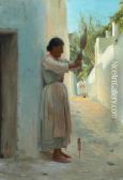 A Southern Scenery With Two Persons. Signed Oil Painting - Peder Vilhelm Ilsted