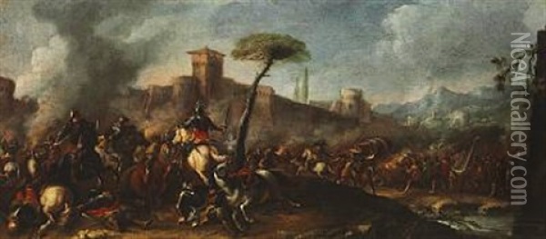 Battle Scene Outside The Citywalls Oil Painting - Jacques Courtois