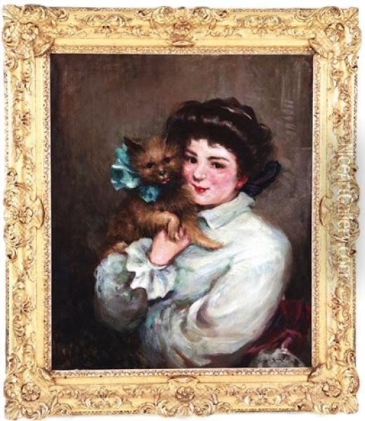 Portrait Of Young Lady With Prized Terrier Oil Painting - James Carroll Beckwith