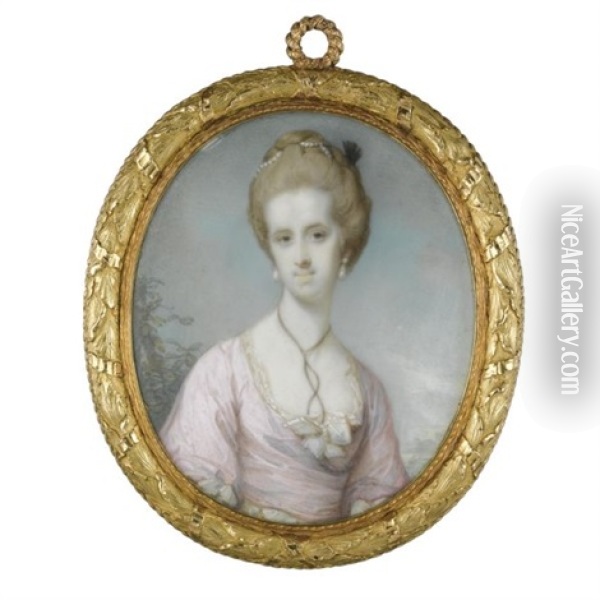 Portrait Of Mrs William Hayley, Nee Elizabeth Ball, In A Pink Dress With Pearls In Her Hair Oil Painting - Jeremiah Meyer