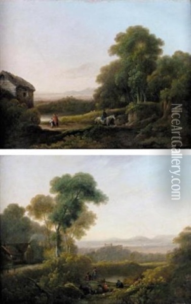 Wooded Landscape With Figures (+ Another, Similar; Pair, Collab. W/george Morland) Oil Painting - John Rathbone