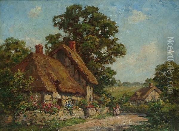 Cottage Scene Near Dorking, Surrey Oil Painting - Thomas E. Mostyn
