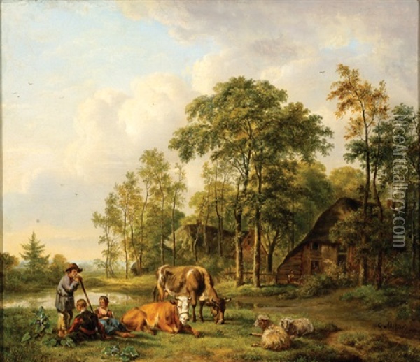 A Landscape With Shepherds And Cattle Oil Painting - Pieter Gerardus Van Os