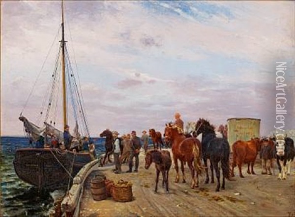 Indskibning Af Kreaturer Fra Saltholm Pa Brakkebroen Oil Painting - Theodor Philipsen