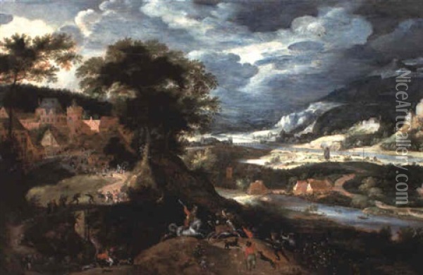 A Landscape With A Bull Hunt Oil Painting - Jacob Savery the Elder