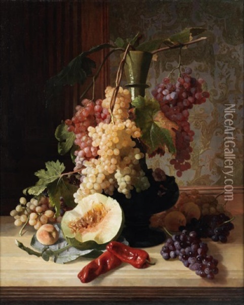Still Life Of Fruits And A Vase On A Ledge Oil Painting - David Emile Joseph de Noter