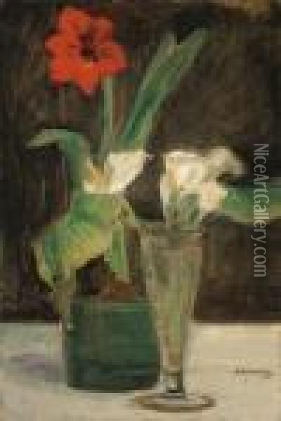 Blumenstuck - Amaryllis Und Calla In Glasvase Oil Painting - Max Liebermann
