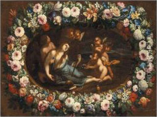 The Penitent Magdalene Presented
 With The Instruments Of The Passion By Angels, Within A Garland Of 
Flowers Oil Painting - Pier Francesco Cittadini Il Milanese