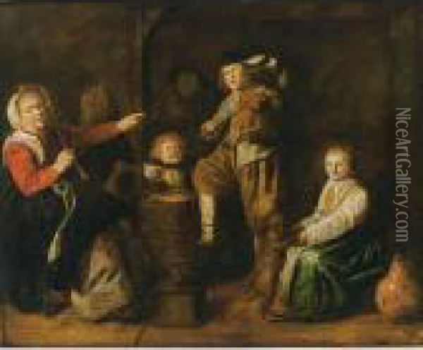 An Interior Scene With Children Making Music Oil Painting - Jan Miense Molenaer