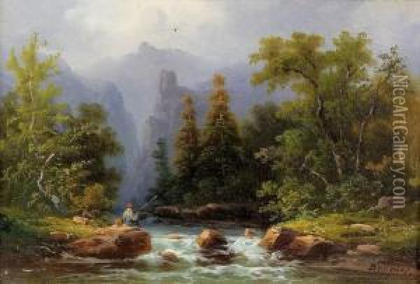 Zwei Partien In Den Alpen. Oil Painting - Colestin Brugner