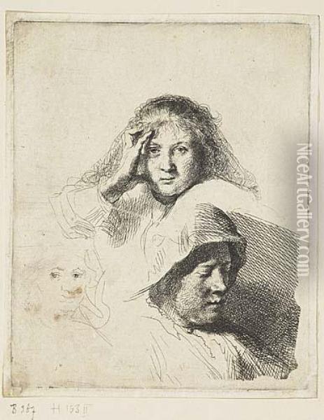 Three Heads Of Women, One Lightly Etched Oil Painting - Rembrandt Van Rijn