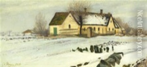 Winter Landscape With A Yellow Farmhouse Oil Painting - Laurits Andersen Ring