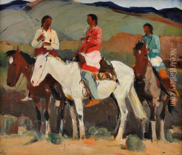 Taos Indians On Horseback Oil Painting - Laverne Nelson Black