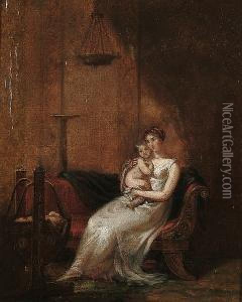 Mother And Child Seated On An Empire Style Chaise Oil Painting - George Dawe