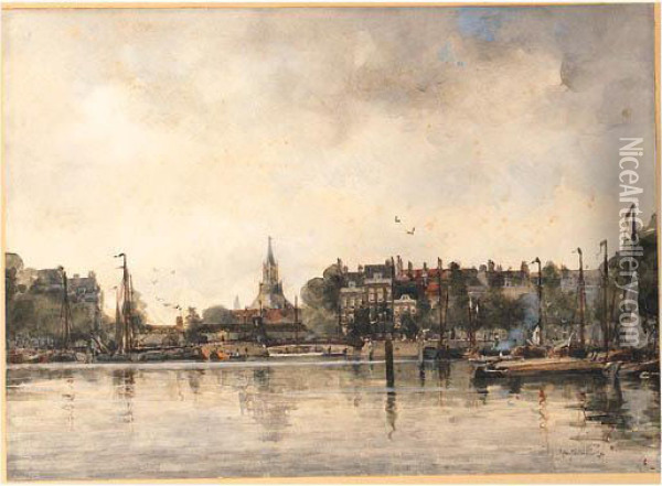 A Townview With Moored Vessels Along A Quay Oil Painting - Johann Hendrik Van Mastenbroek