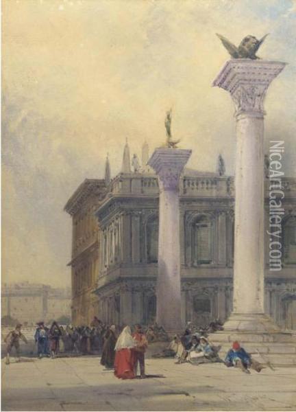 Venetian Figures Gathered Around The Columns At San Marco Square,venice Oil Painting - William Callow