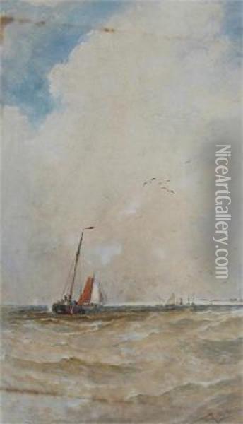 Vessels In A Choppy Sea Off A Headland Oil Painting - Thomas Bush Hardy