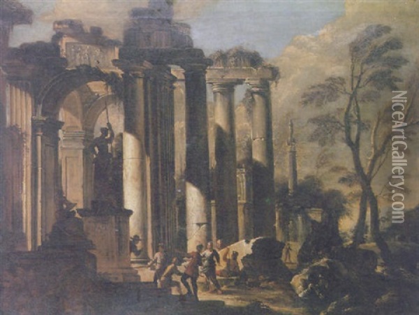 Classical Soldiers And Other Figures Discoursing Amid Roman Ruins Oil Painting - Giovanni Ghisolfi