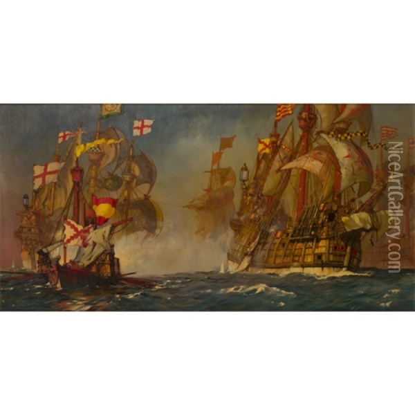 The Spanish Fleet Driven Towards The Flanders Coast After Oil Painting - Kenneth Shoesmith