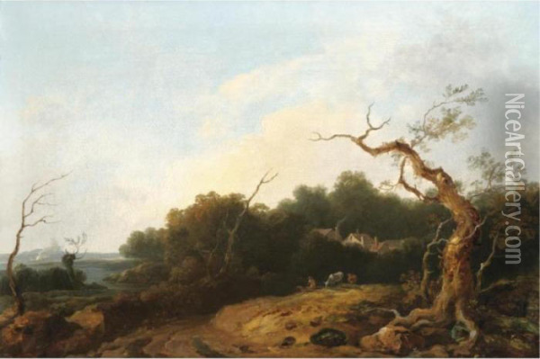 A Drover With His Cattle In A Landscape, An Estuary Beyond Oil Painting - Thomas Gainsborough