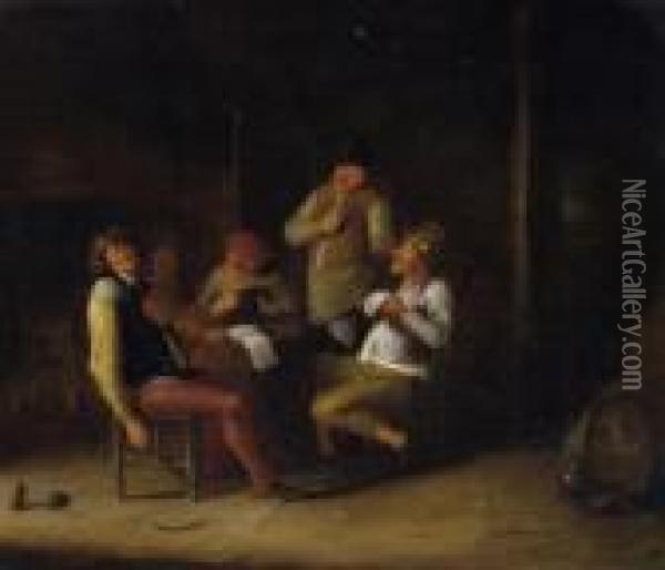 Tavern Scenery. Reveller Making Music In An Amused Round. Rest Of Signiture Below Centre Oil Painting - Jan Miense Molenaer