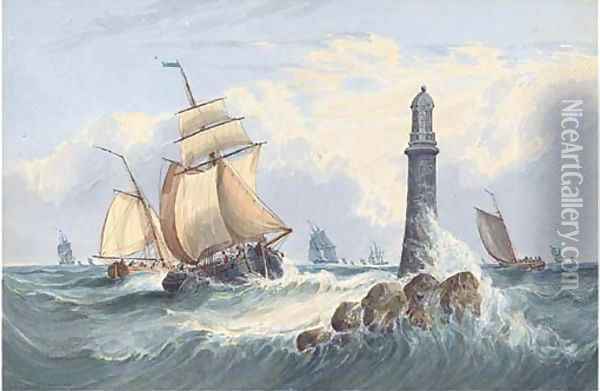 Traders and other vessels off the Eddystone Lighthouse Oil Painting - John Callow