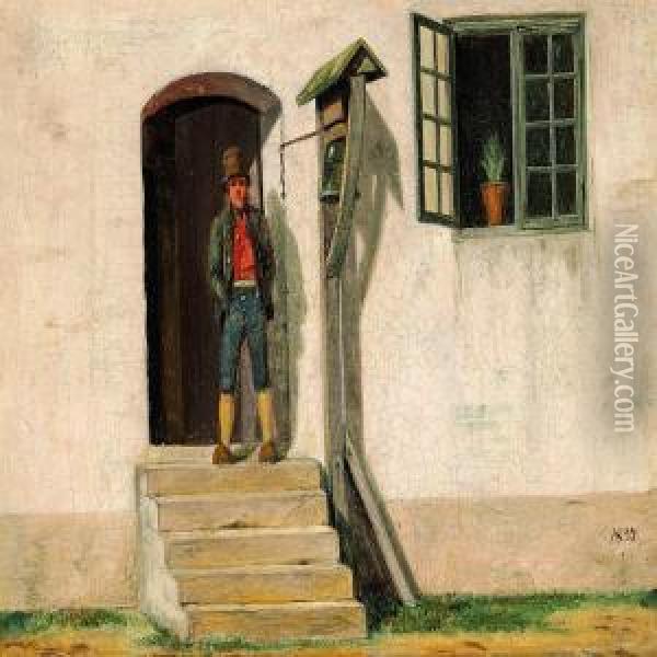 Farmer On A Staircase Oil Painting - Martinus Rorbye