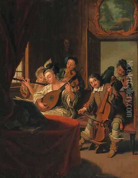 Elegant figures in historical costume, at a music recital Oil Painting - Jan Jozef, the Younger Horemans