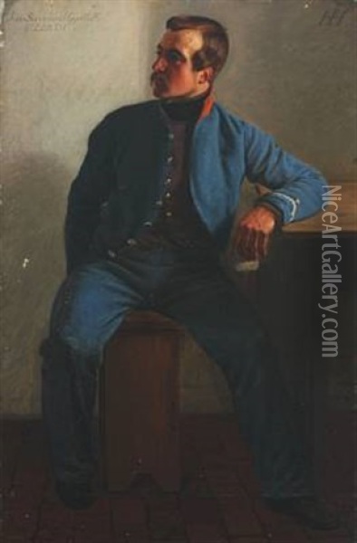 Portrait Of The Husaar Jens Sorensen Uggelbolle Oil Painting - Hans Jorgen Hammer