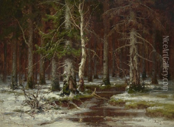 In The Depth Of A Pine Forest Oil Painting - Yuliy Yulevich (Julius) Klever