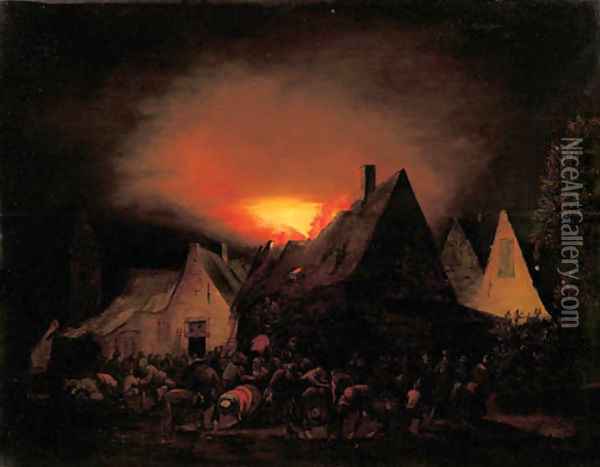 A townhouse ablaze with villagers trying to rescue Oil Painting - Adriaen Lievensz van der Poel