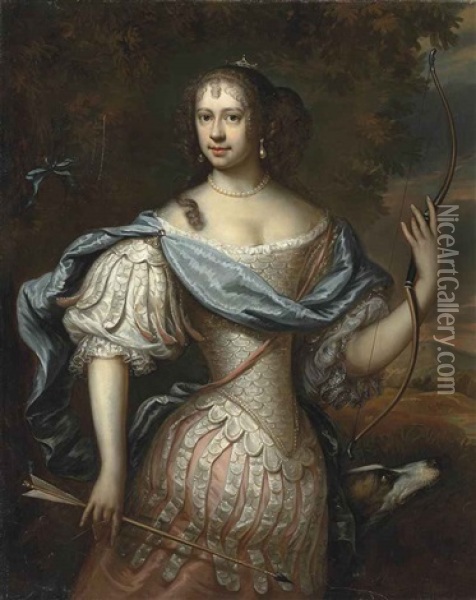 Portrait Of A Lady Frances Teresa Stewart, Duchess Of Richmond And Lennox (1647-1702)?), As Diana, Half-length, In A Dress Of Armour And A Blue Wrap, Holding A Bow And Arrow, A Dog By Her Side, In A Wooded Landscape Oil Painting - Adrianus van Isselsteyn