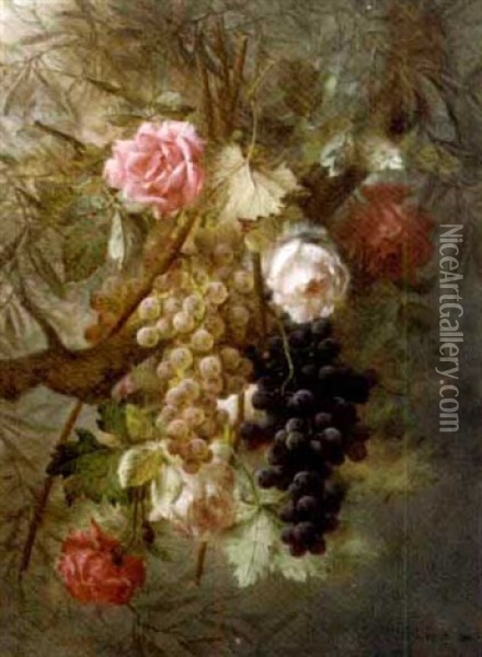 A Cluster Of Pink Roses And Grapes Oil Painting - Joseph-Eugene Gilbault