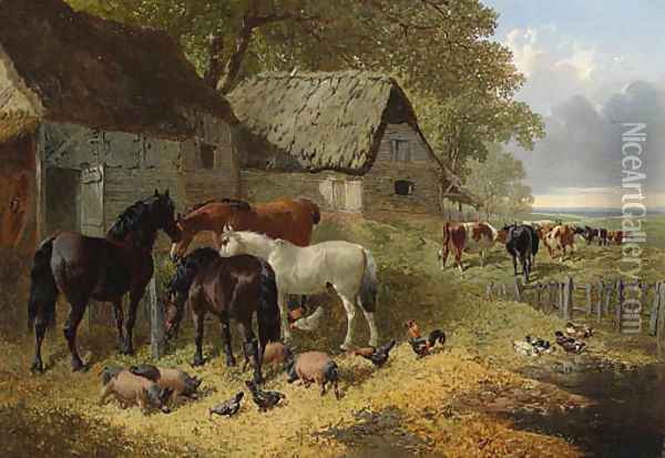 Horses, Cattle, Pigs, Chickens and Ducks in a Farmyard Oil Painting - John Frederick Herring Snr