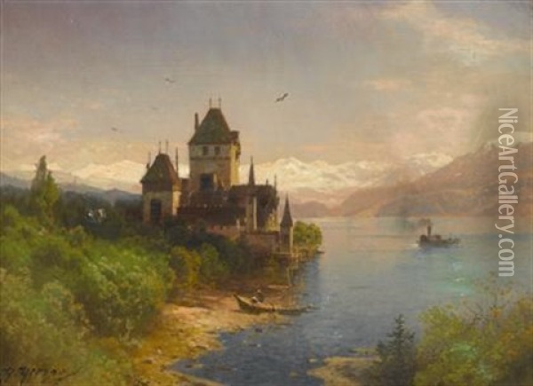 Castle By A Lake With A Paddle Steamer Oil Painting - Hermann Herzog