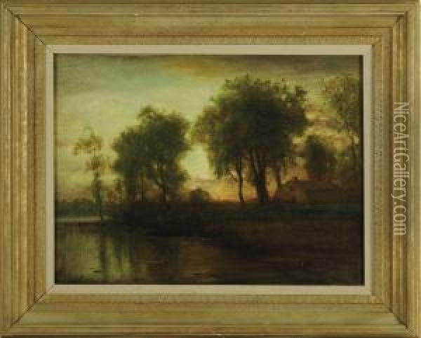 Sunset River Landscape With House Oil Painting - Arthur Parton
