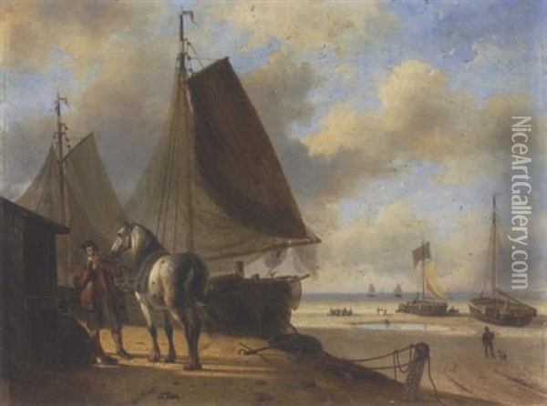 Rastende Bauern Mit Schimmel Bei Den Fischerbooten Am Strand Oil Painting - Nicolas Rosenboom