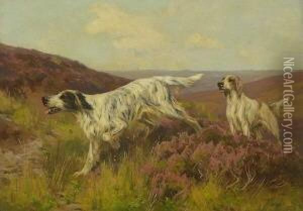 Zwei Jagdhunde In
 Heidelandschaft. Oil Painting - Arthur Wardle