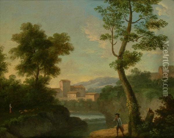Figure On A Path In A Wooded Evening Landscape, Avillage Beyond Oil Painting - Francesco Zuccarelli