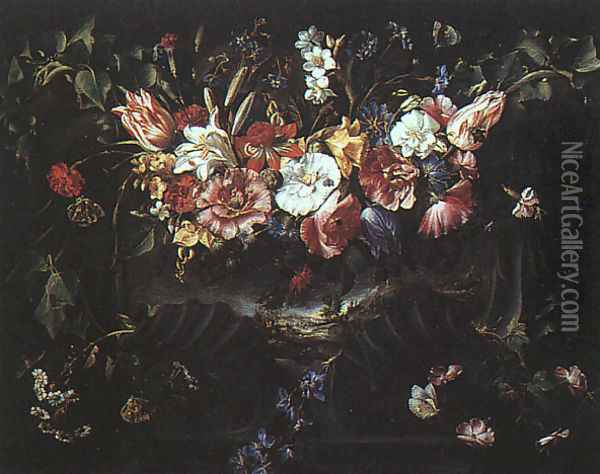 Garland of Flowers with Landscape, 1652 Oil Painting - Juan De Arellano