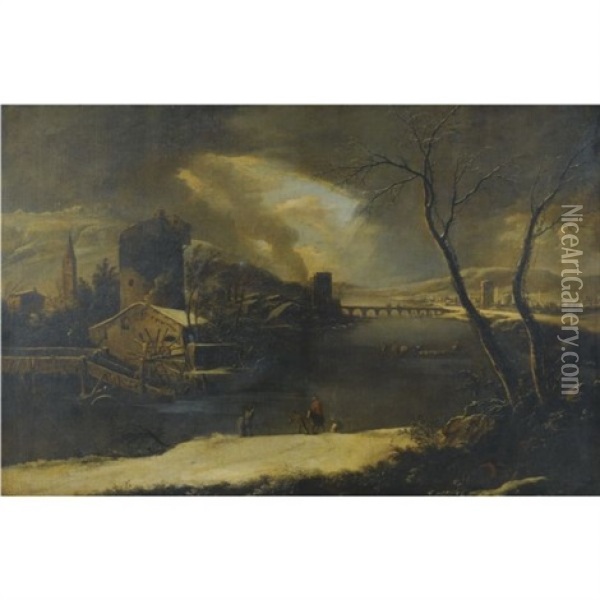 An Extensive Winter Landscape With A Frozen River, A Town In The Right Distance, Workers Repairing A Watermill And Travellers Along A Path Oil Painting - Marco Ricci