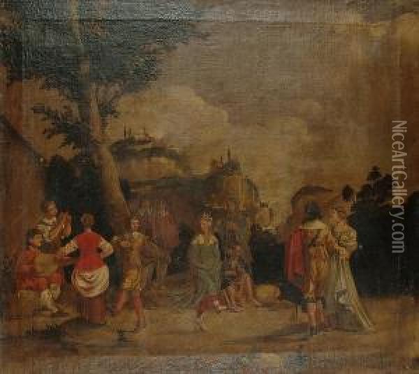 Figures Dancing And Making Music In An Italianate Landscape Oil Painting - Michelangelo Cerqouzzi
